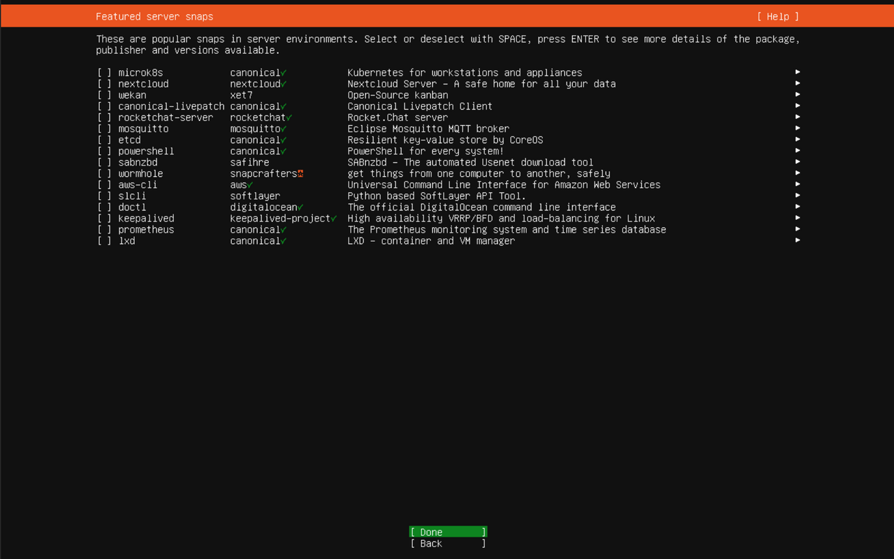 Featured server software list with nothing selected