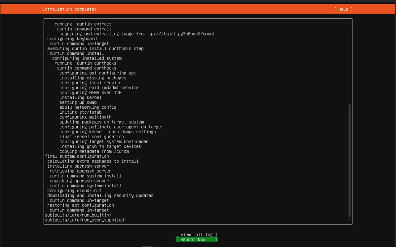 Installation complete with Reboot Now selected