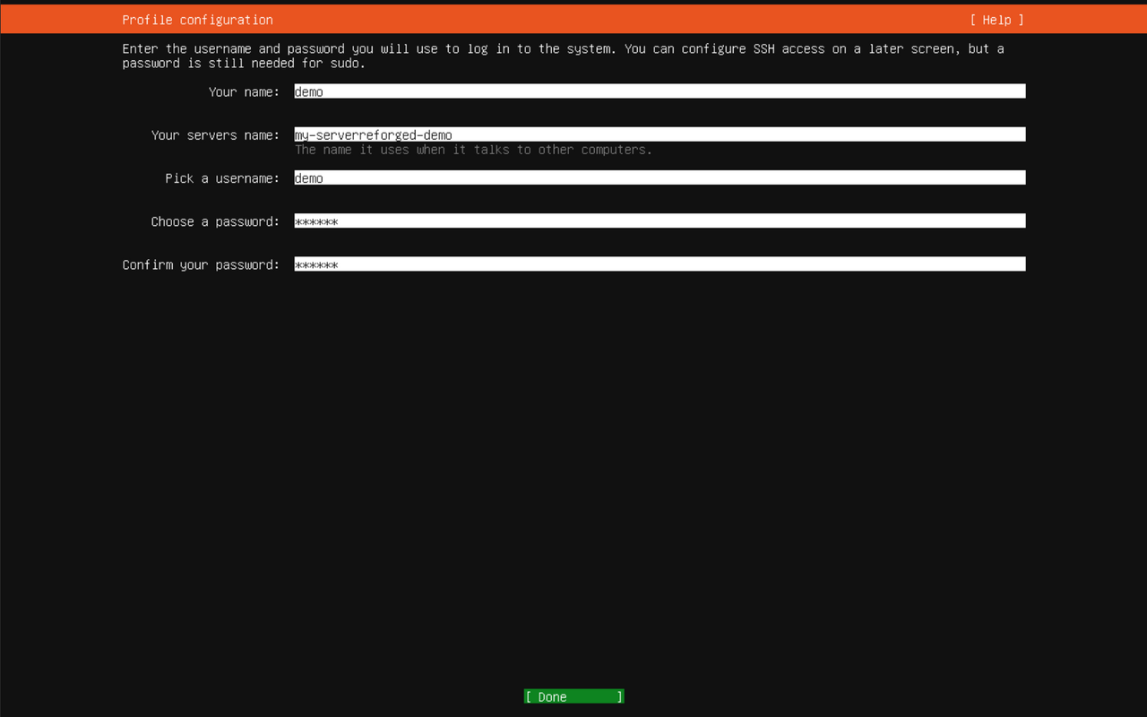 Profile setup with name, server name, username, and password